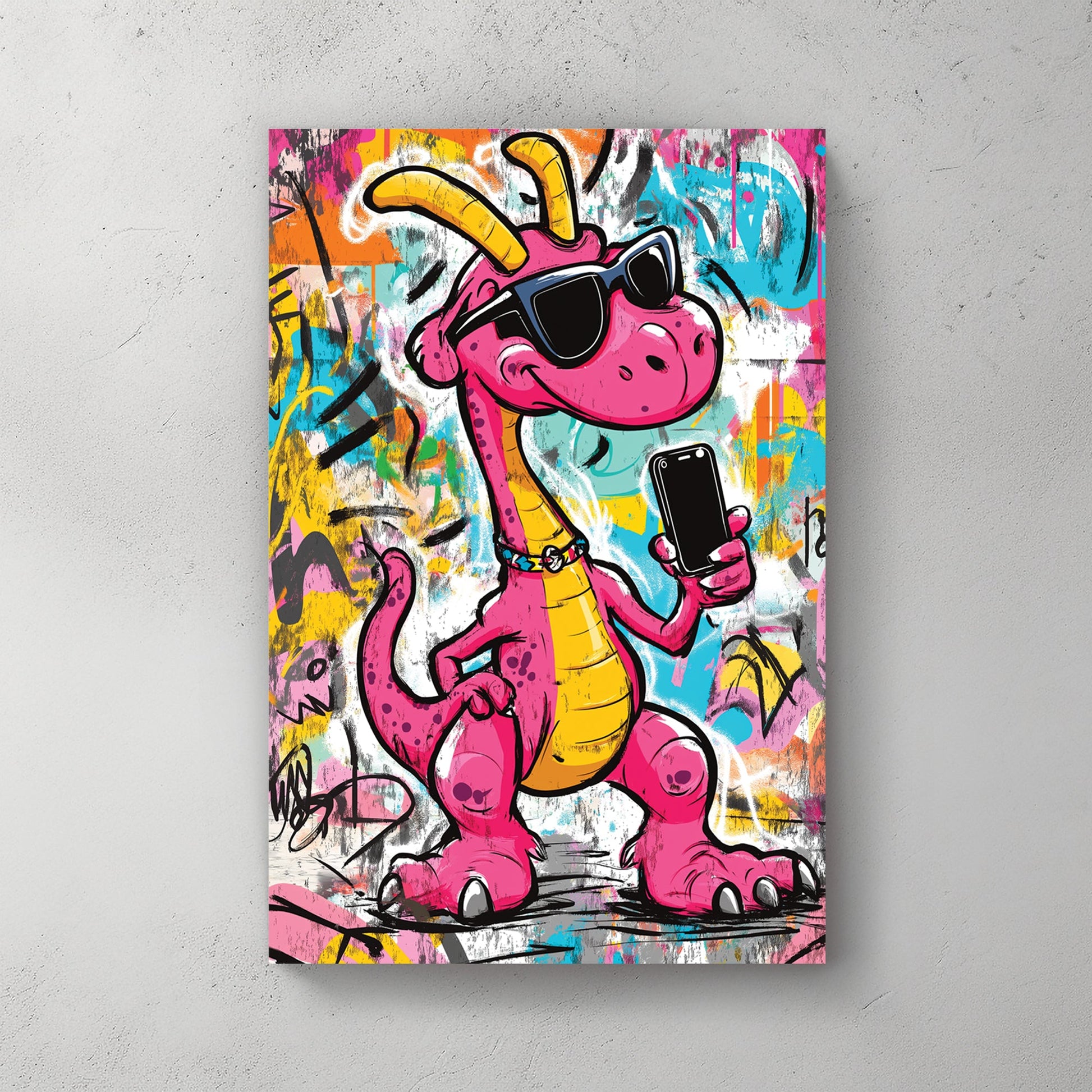 pink cartoon dinosaur holding phone in graffiti background wall art
