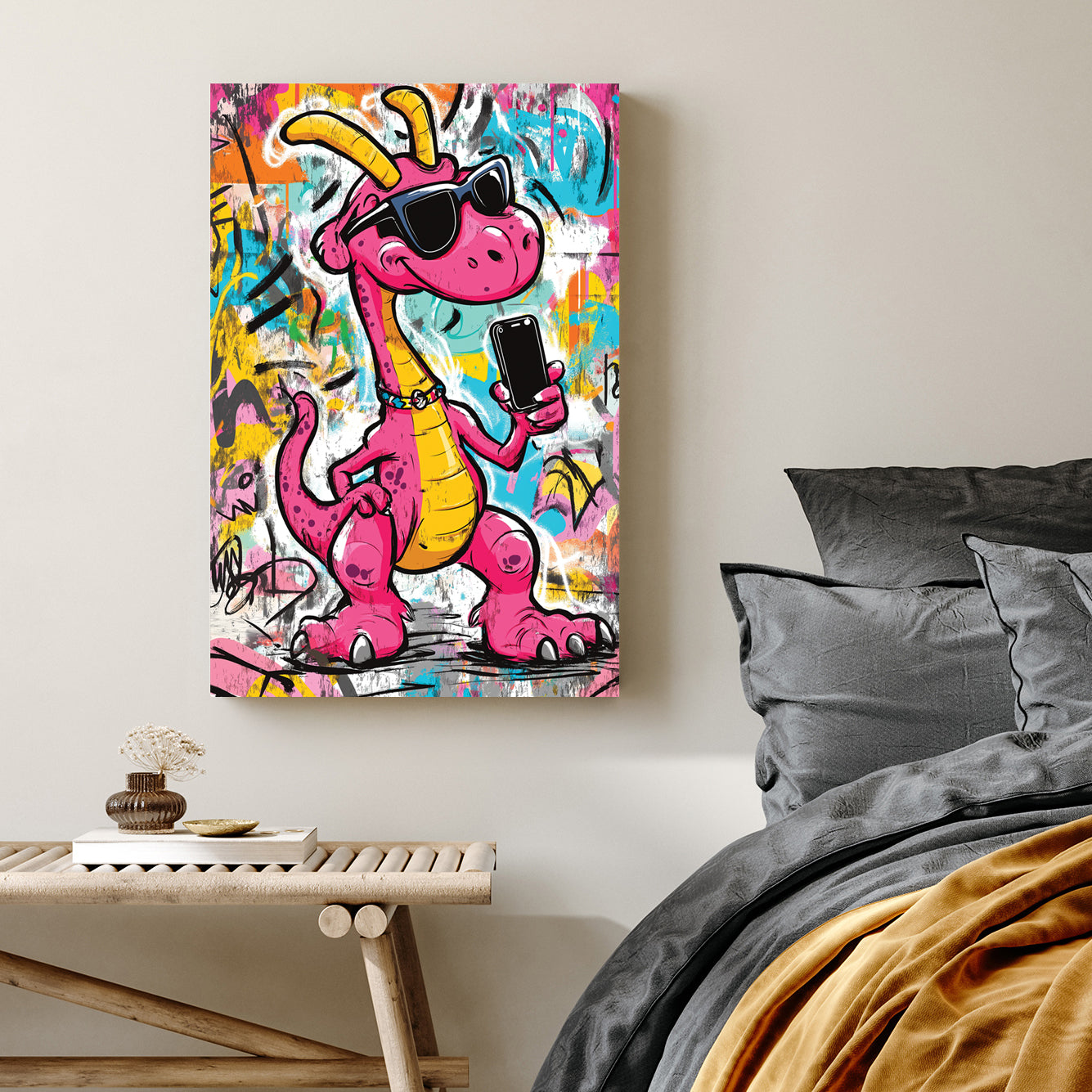 pink cartoon dinosaur holding phone in graffiti background wall art