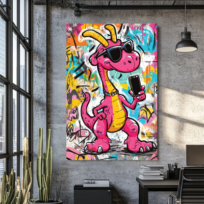 pink cartoon dinosaur holding phone in graffiti background wall art