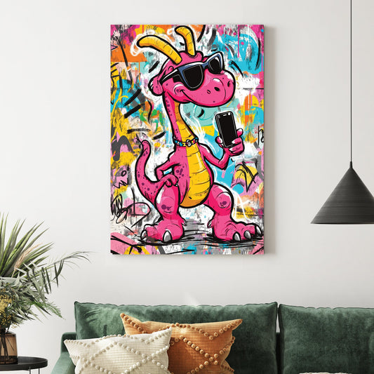 pink cartoon dinosaur holding phone in graffiti background wall art