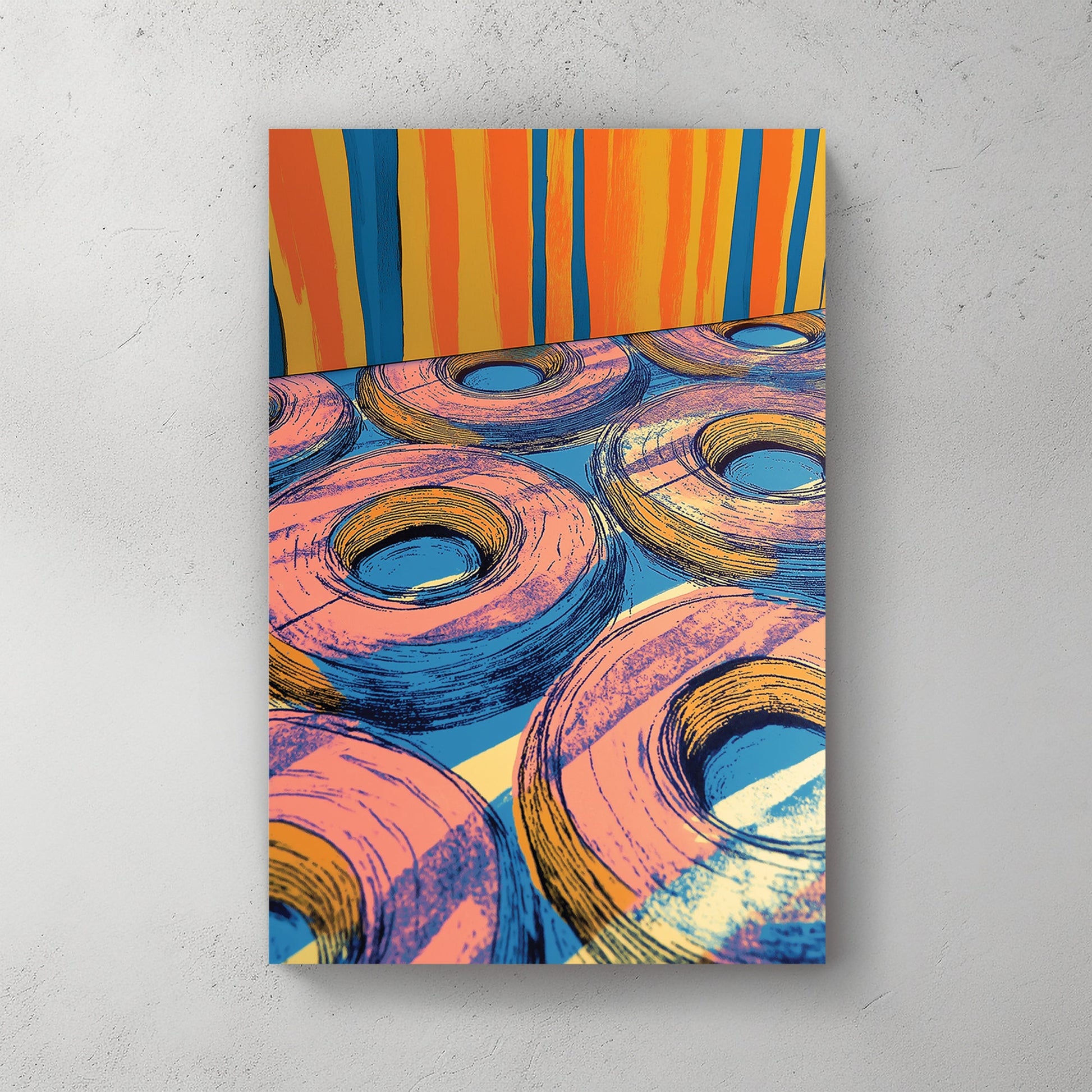 pop art inspired donuts and colourful striped background wall art