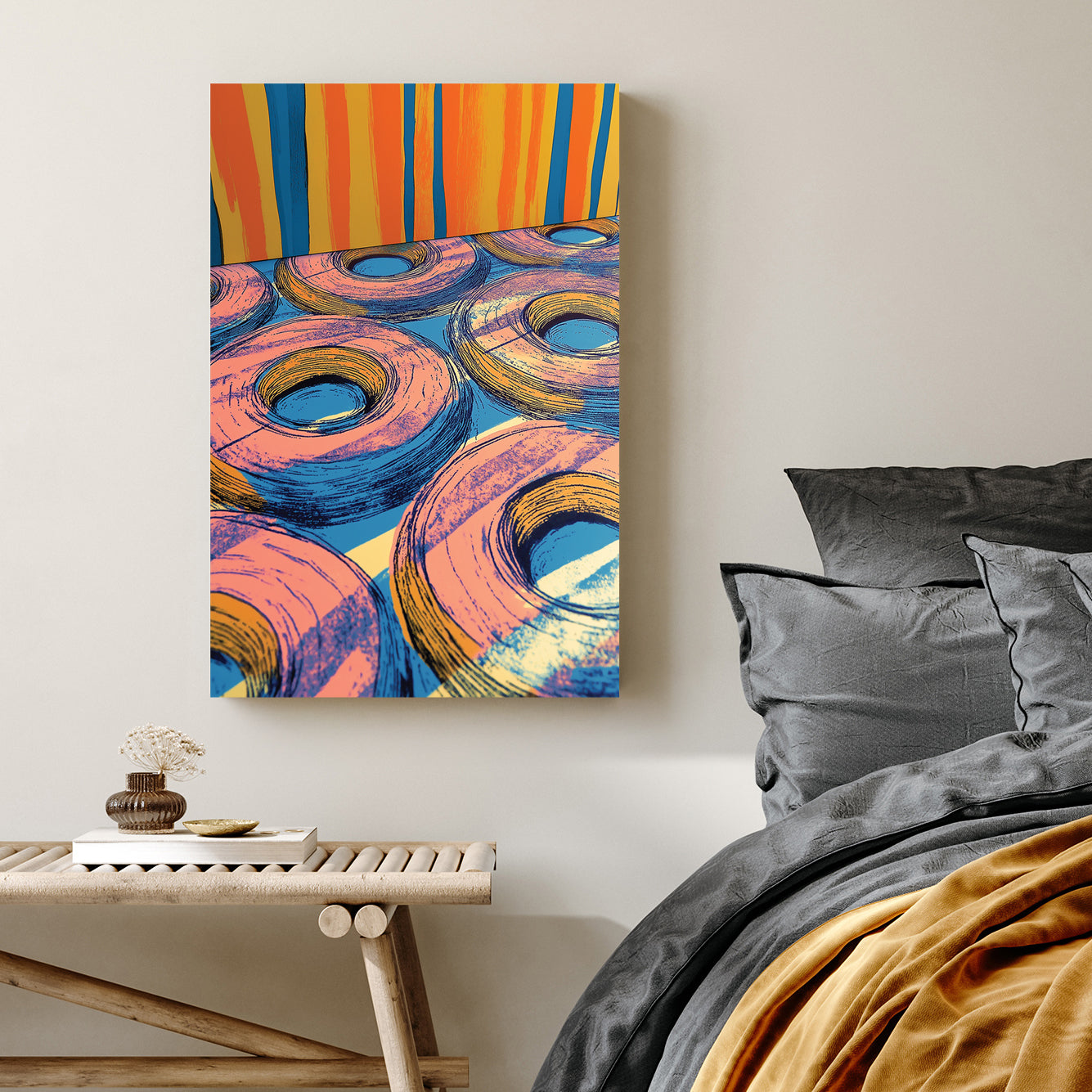 pop art inspired donuts and colourful striped background wall art