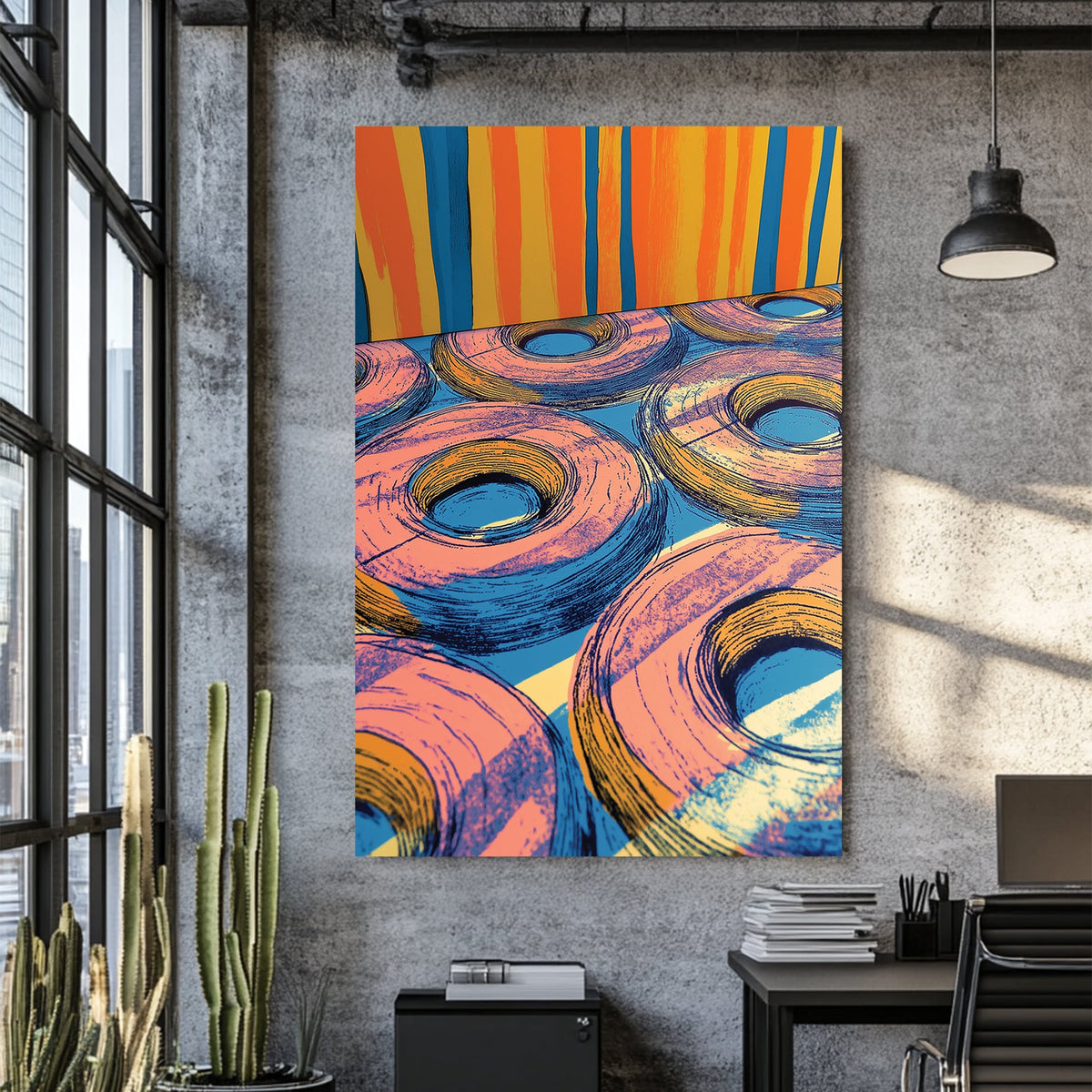 pop art inspired donuts and colourful striped background wall art