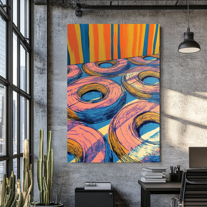 pop art inspired donuts and colourful striped background wall art