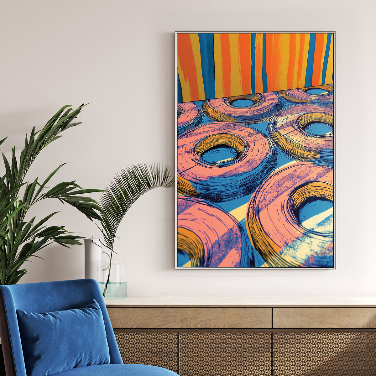 pop art inspired donuts and colourful striped background wall art