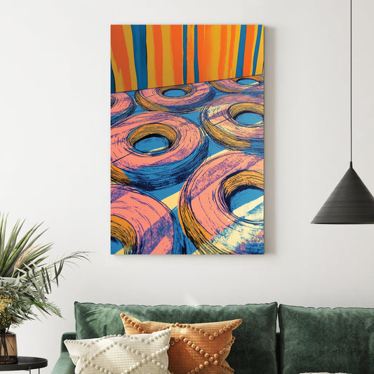 pop art inspired donuts and colourful striped background wall art