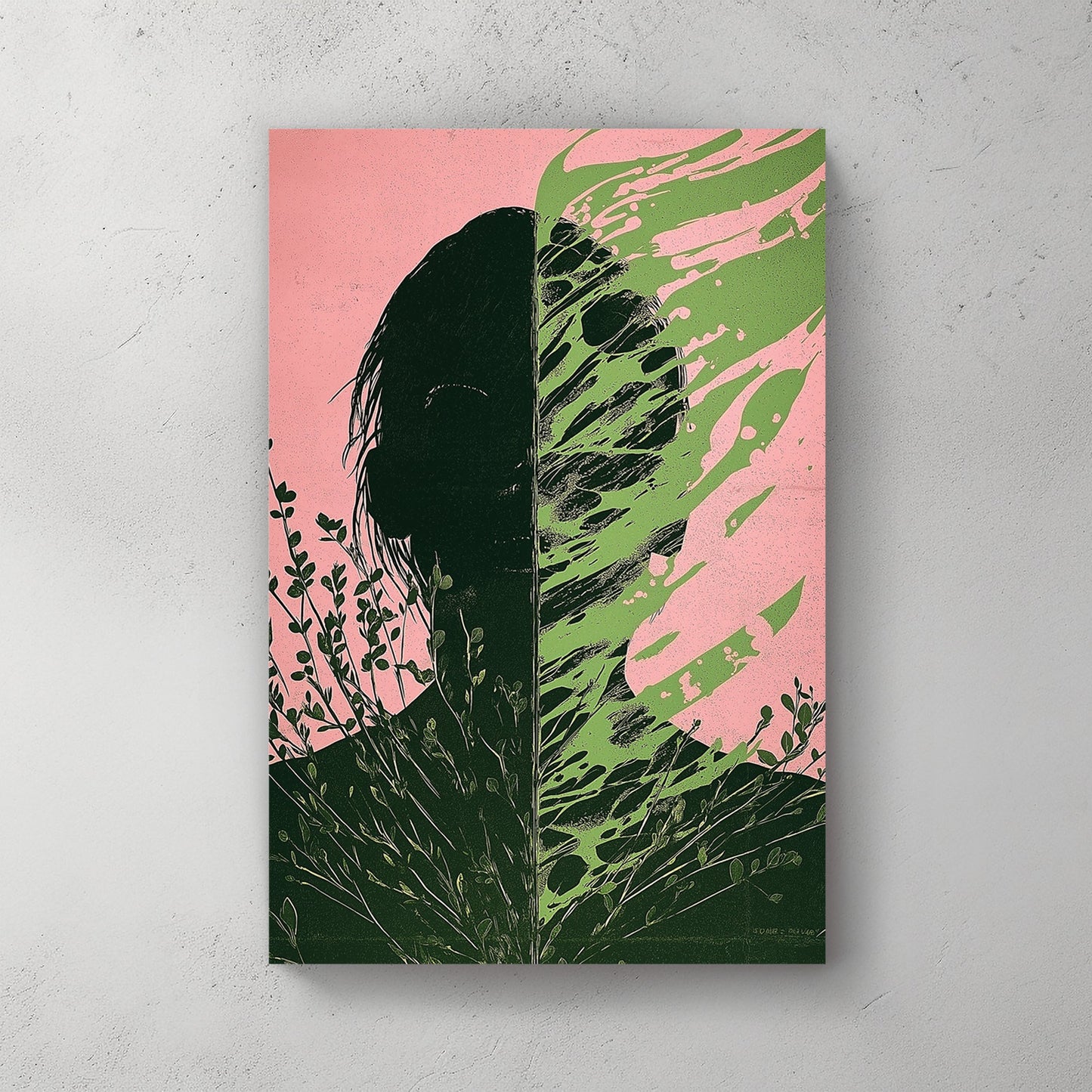 surreal split silhouette with green foliage and pink background wall art