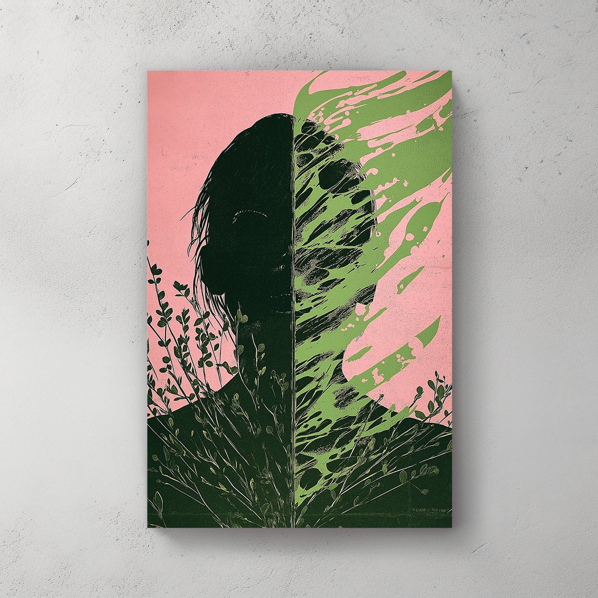 surreal split silhouette with green foliage and pink background wall art