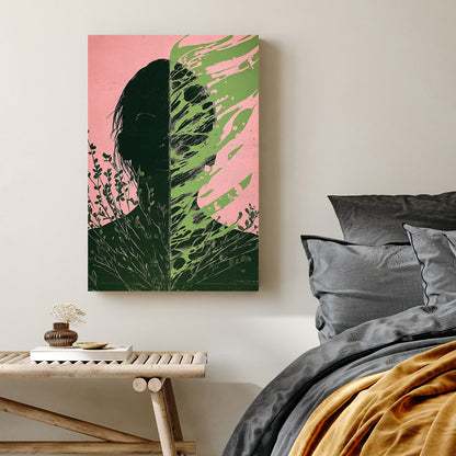 surreal split silhouette with green foliage and pink background wall art
