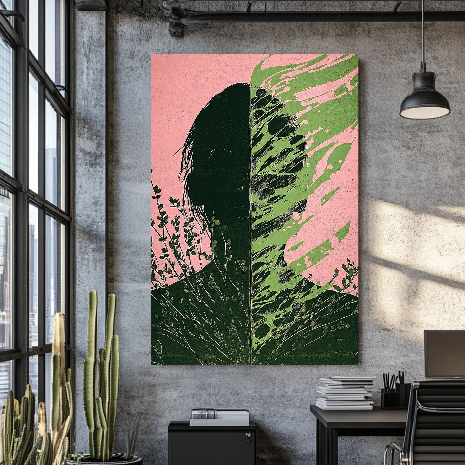 surreal split silhouette with green foliage and pink background wall art