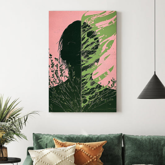 surreal split silhouette with green foliage and pink background wall art