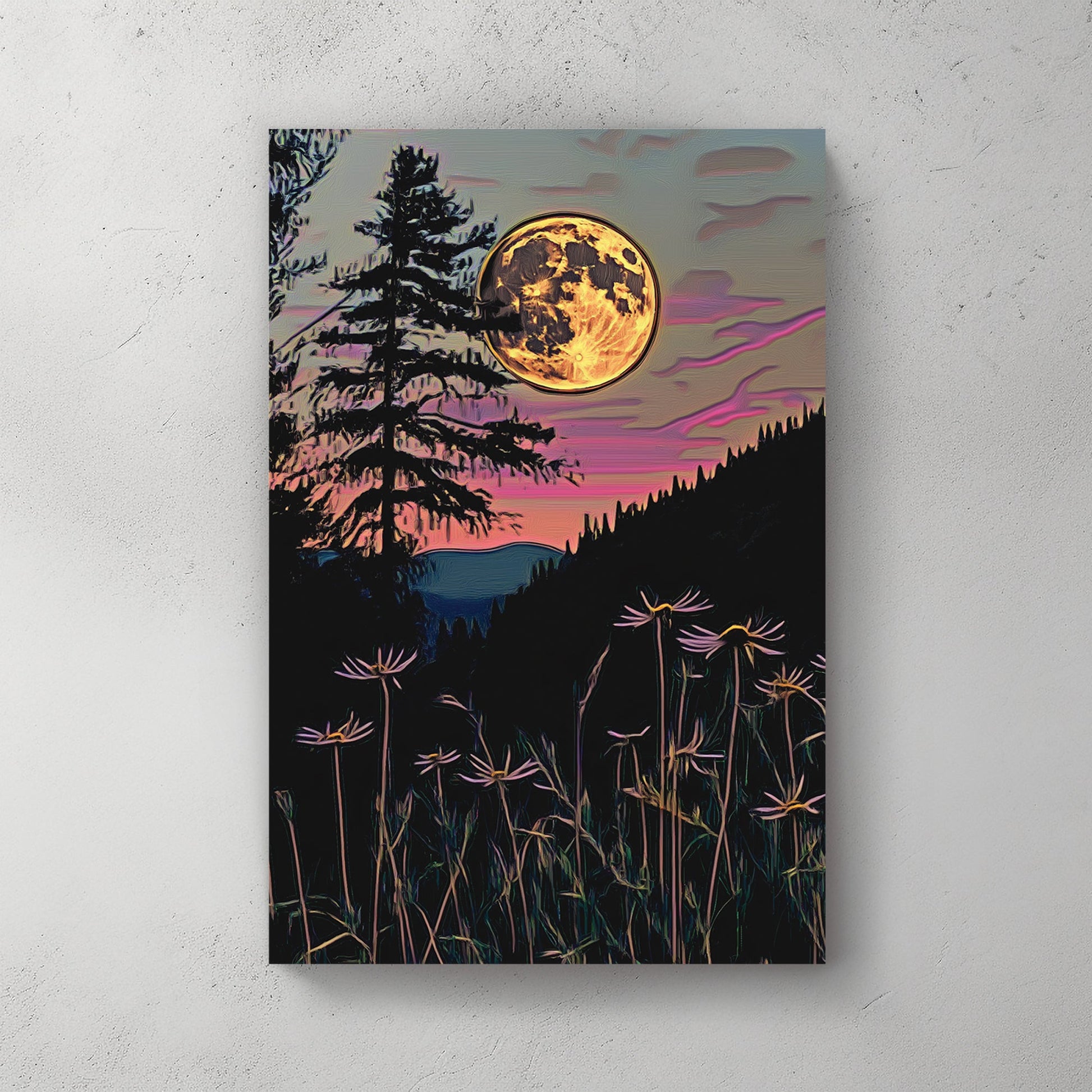 full moon rising over twilight forest with silhouetted wildflowers wall art
