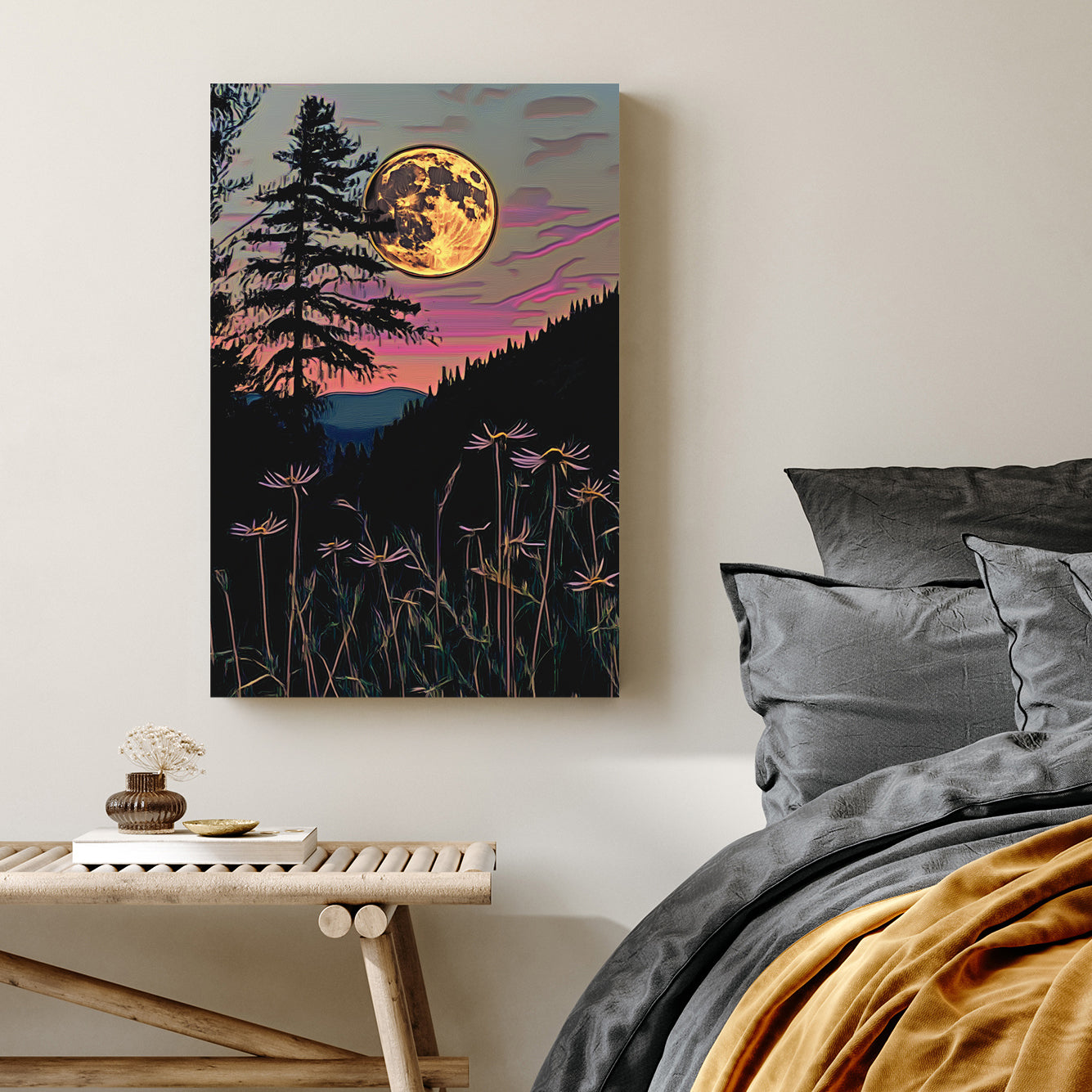 full moon rising over twilight forest with silhouetted wildflowers wall art