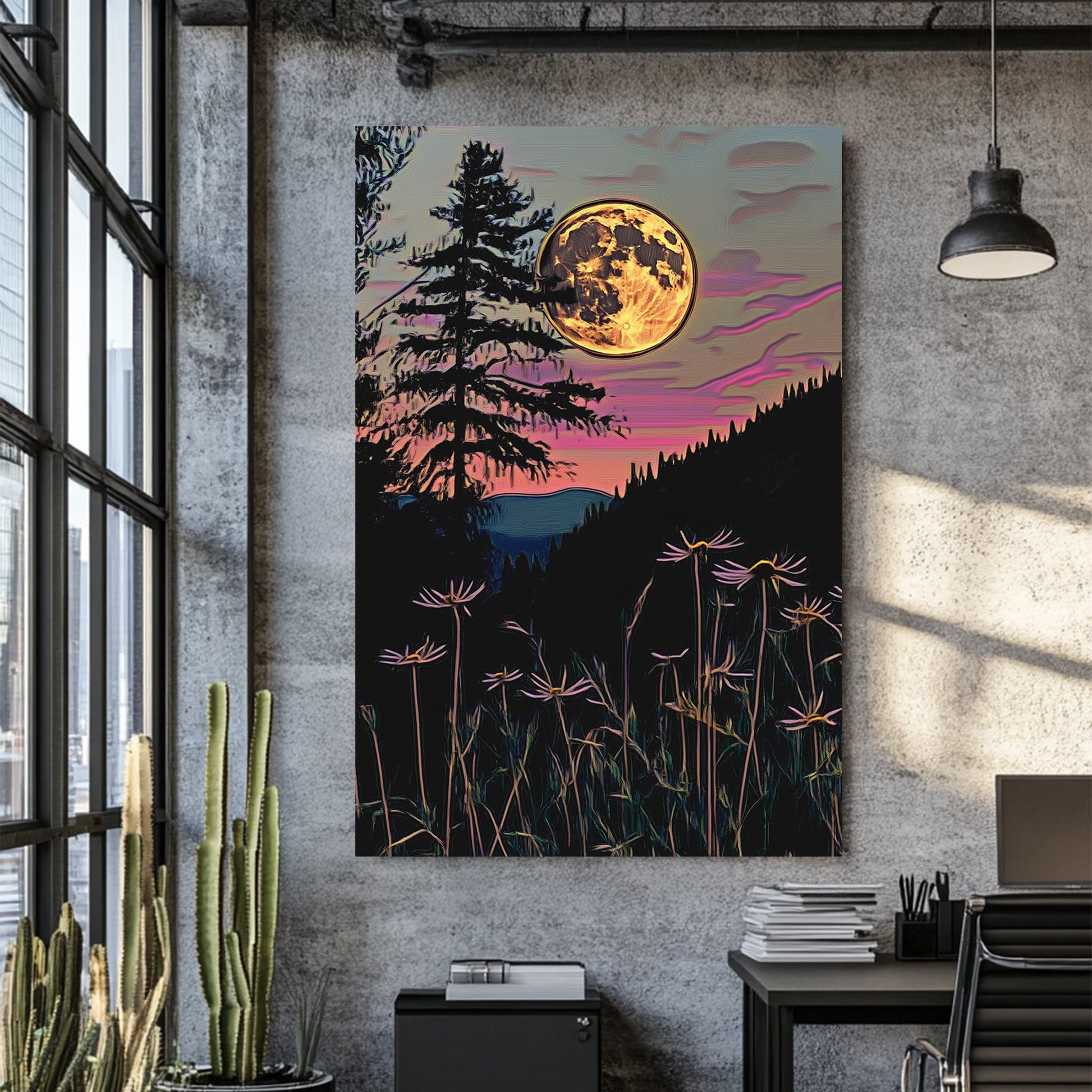full moon rising over twilight forest with silhouetted wildflowers wall art