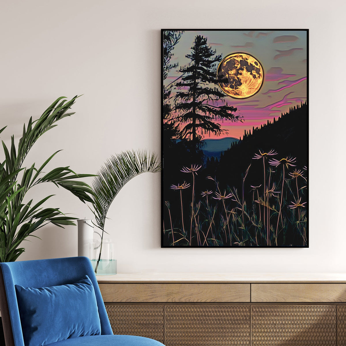 full moon rising over twilight forest with silhouetted wildflowers wall art