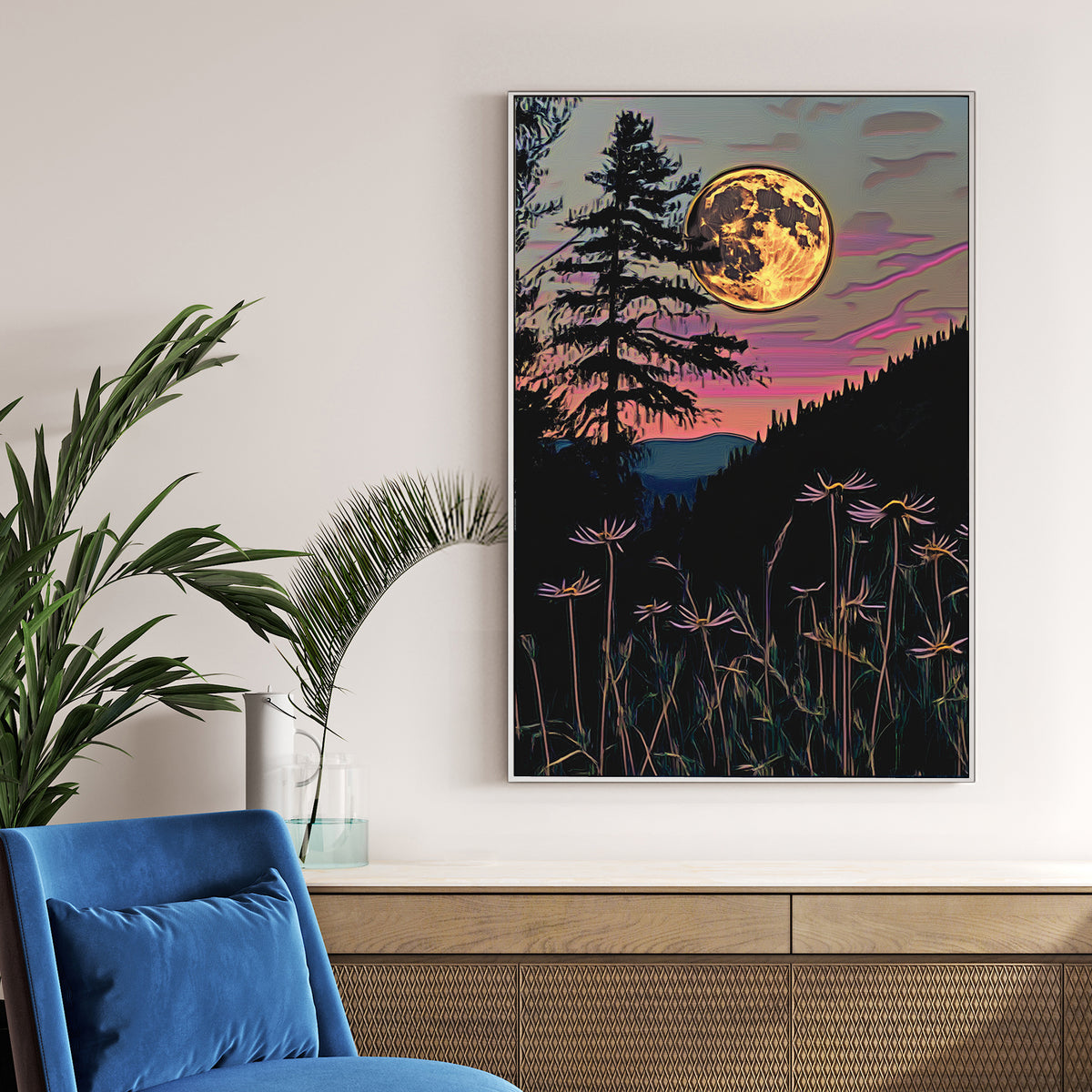 full moon rising over twilight forest with silhouetted wildflowers wall art