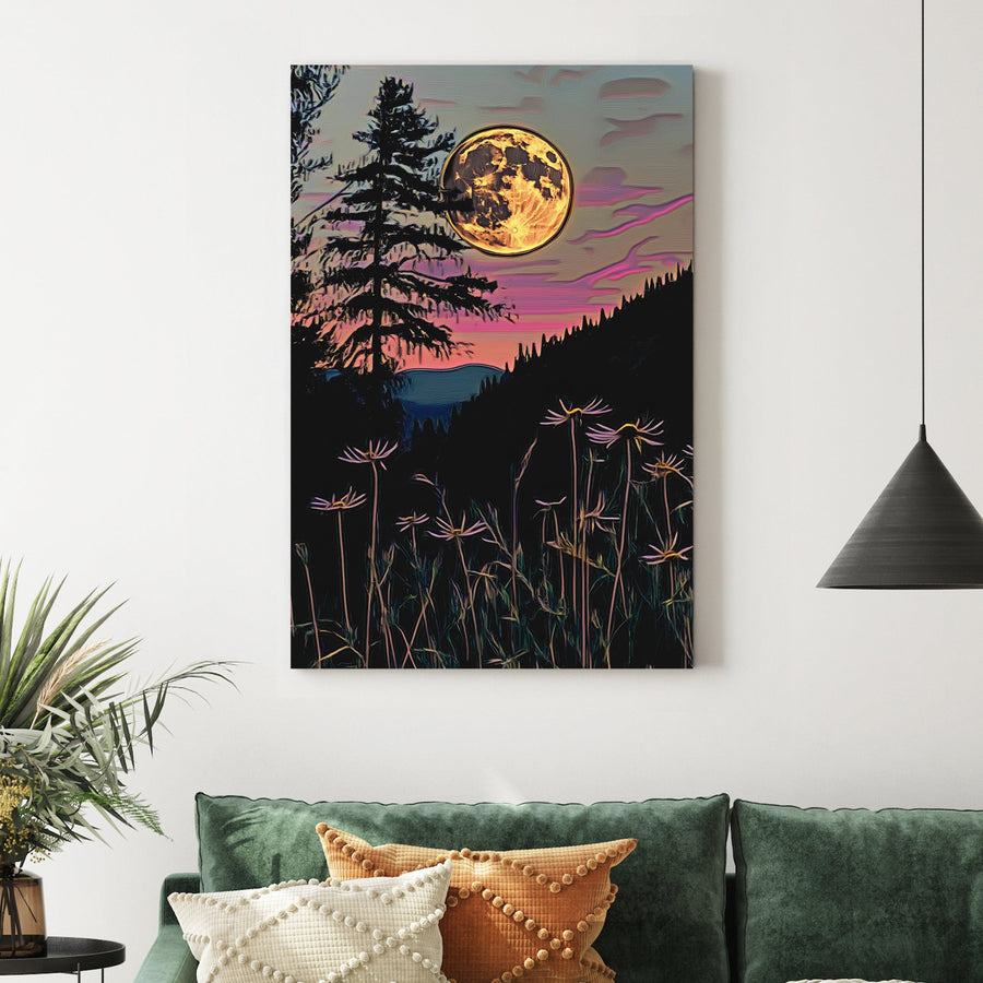 full moon rising over twilight forest with silhouetted wildflowers wall art