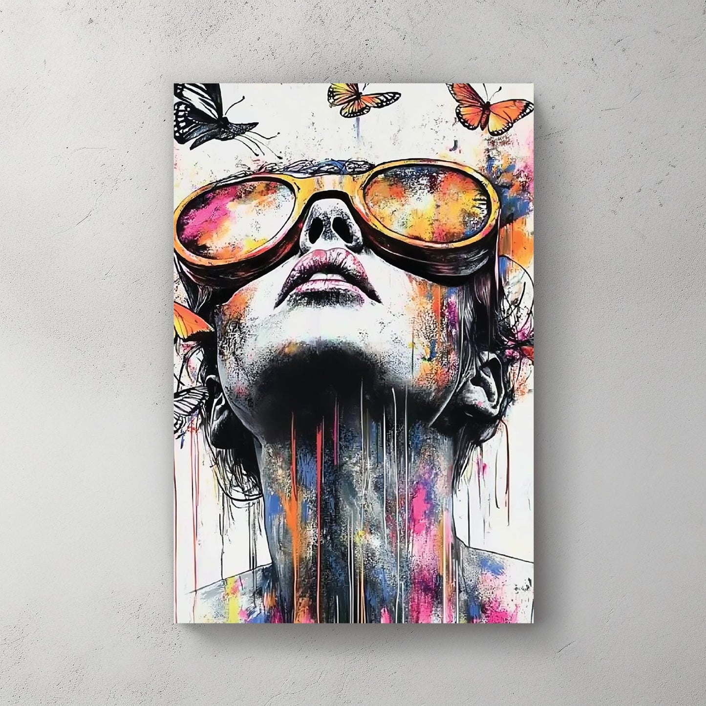 colourful portrait of woman in sunglasses with butterflies and paint splashes wall art