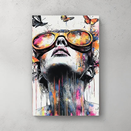 colourful portrait of woman in sunglasses with butterflies and paint splashes wall art