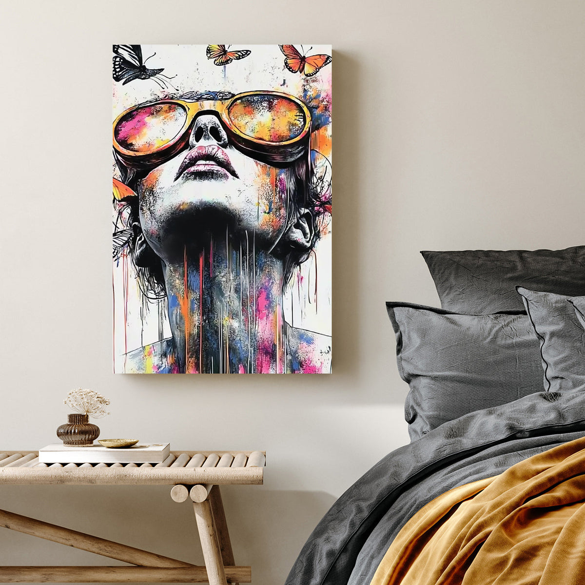 colourful portrait of woman in sunglasses with butterflies and paint splashes wall art