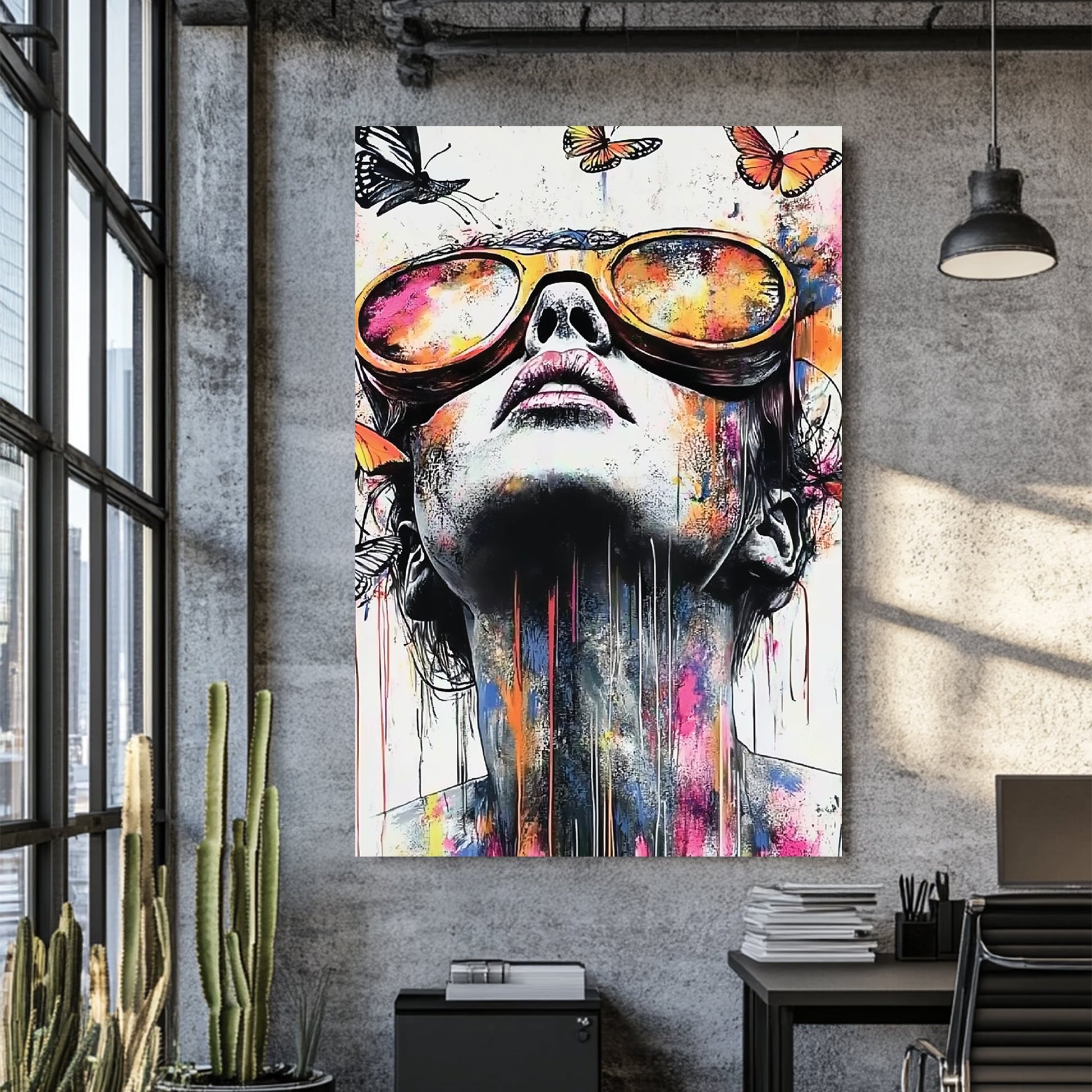 colourful portrait of woman in sunglasses with butterflies and paint splashes wall art
