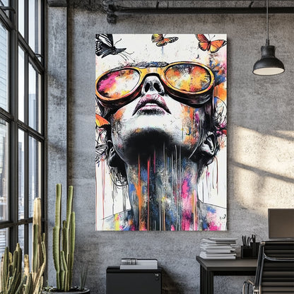 colourful portrait of woman in sunglasses with butterflies and paint splashes wall art