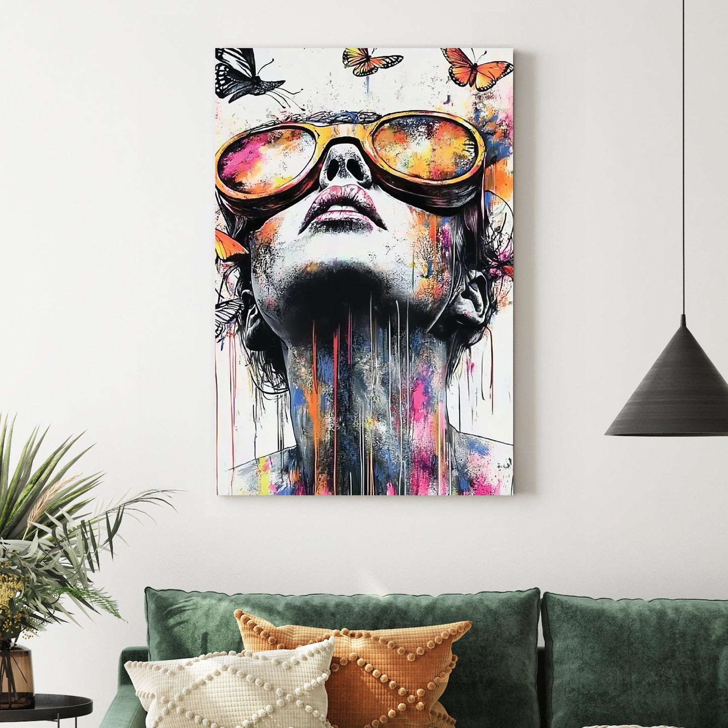 colourful portrait of woman in sunglasses with butterflies and paint splashes wall art