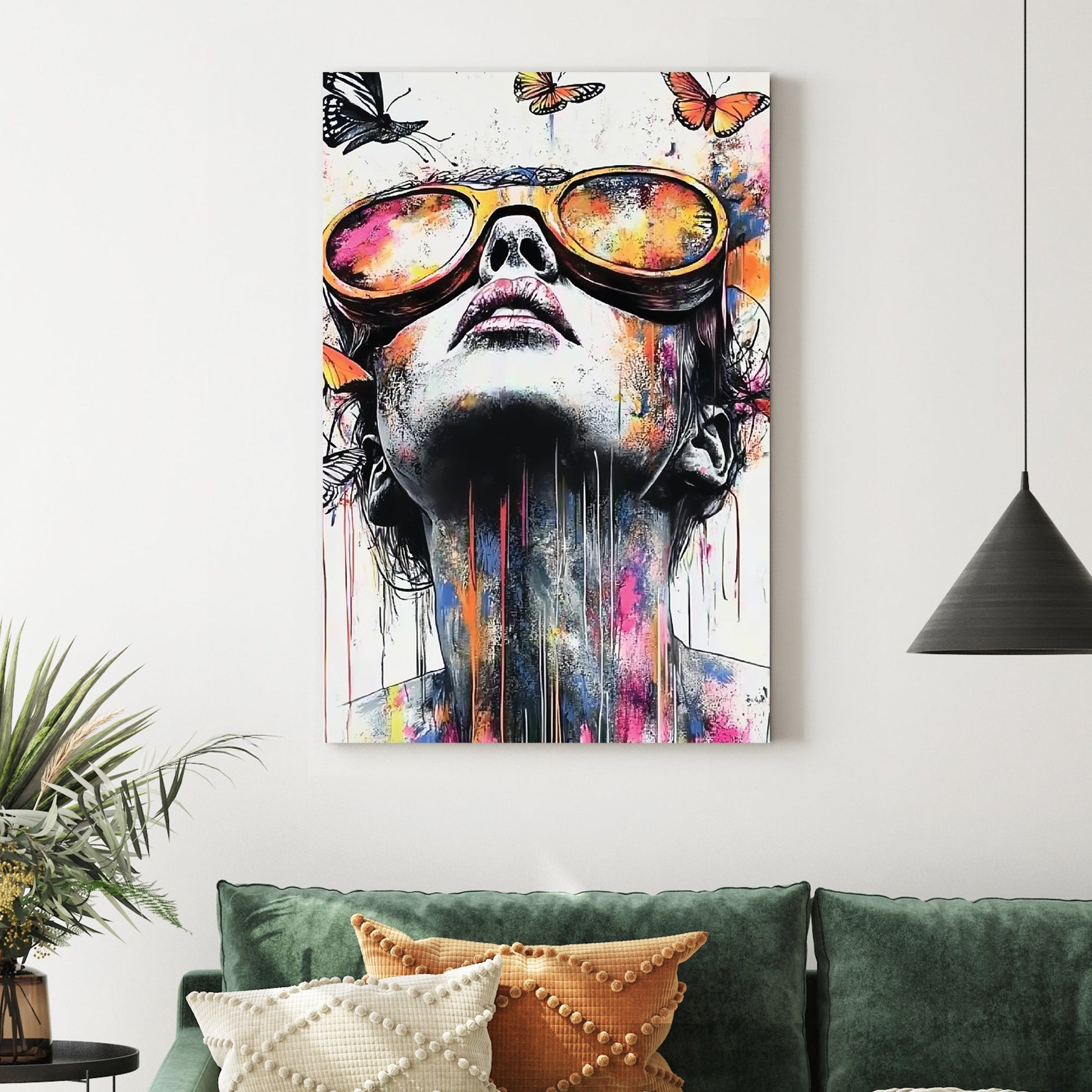 colourful portrait of woman in sunglasses with butterflies and paint splashes wall art