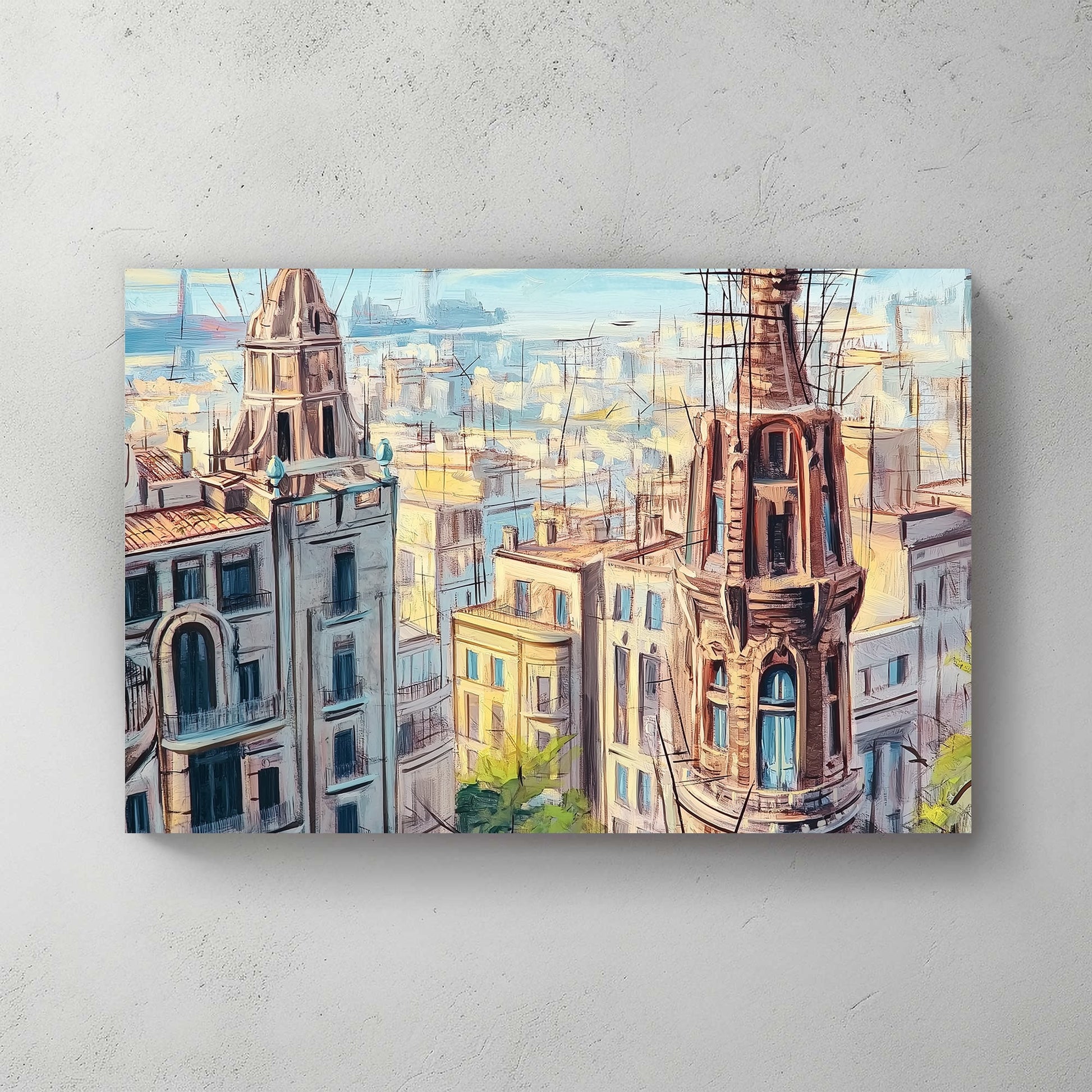 painterly view of historic European city rooftops with spires wall art