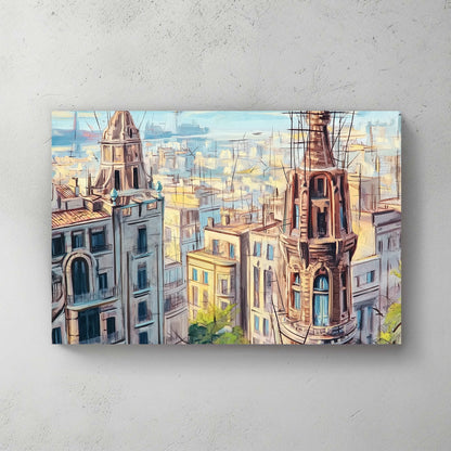 painterly view of historic European city rooftops with spires wall art