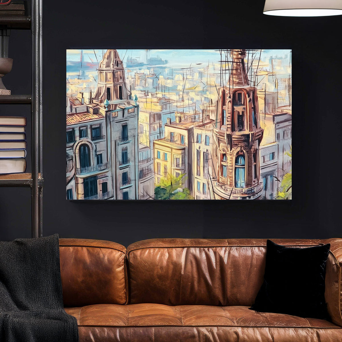 painterly view of historic European city rooftops with spires wall art