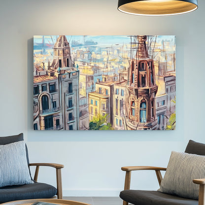 painterly view of historic European city rooftops with spires wall art