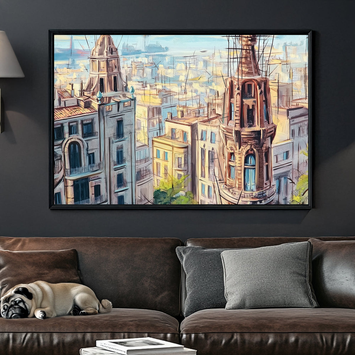 painterly view of historic European city rooftops with spires wall art