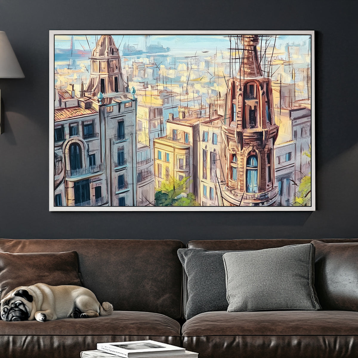 painterly view of historic European city rooftops with spires wall art