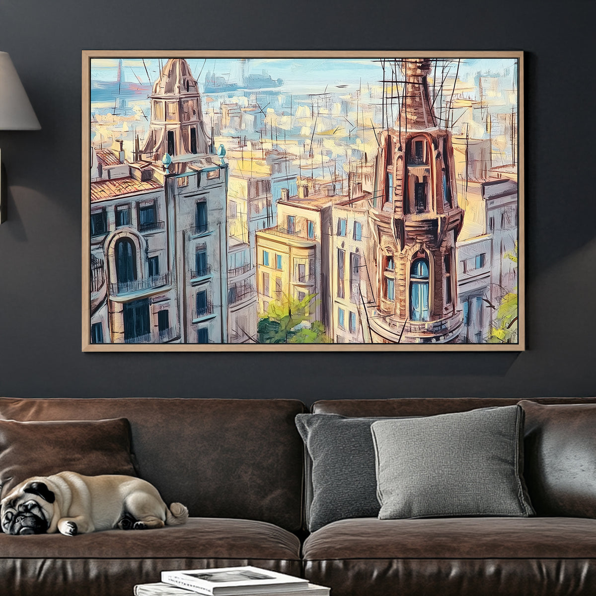 painterly view of historic European city rooftops with spires wall art