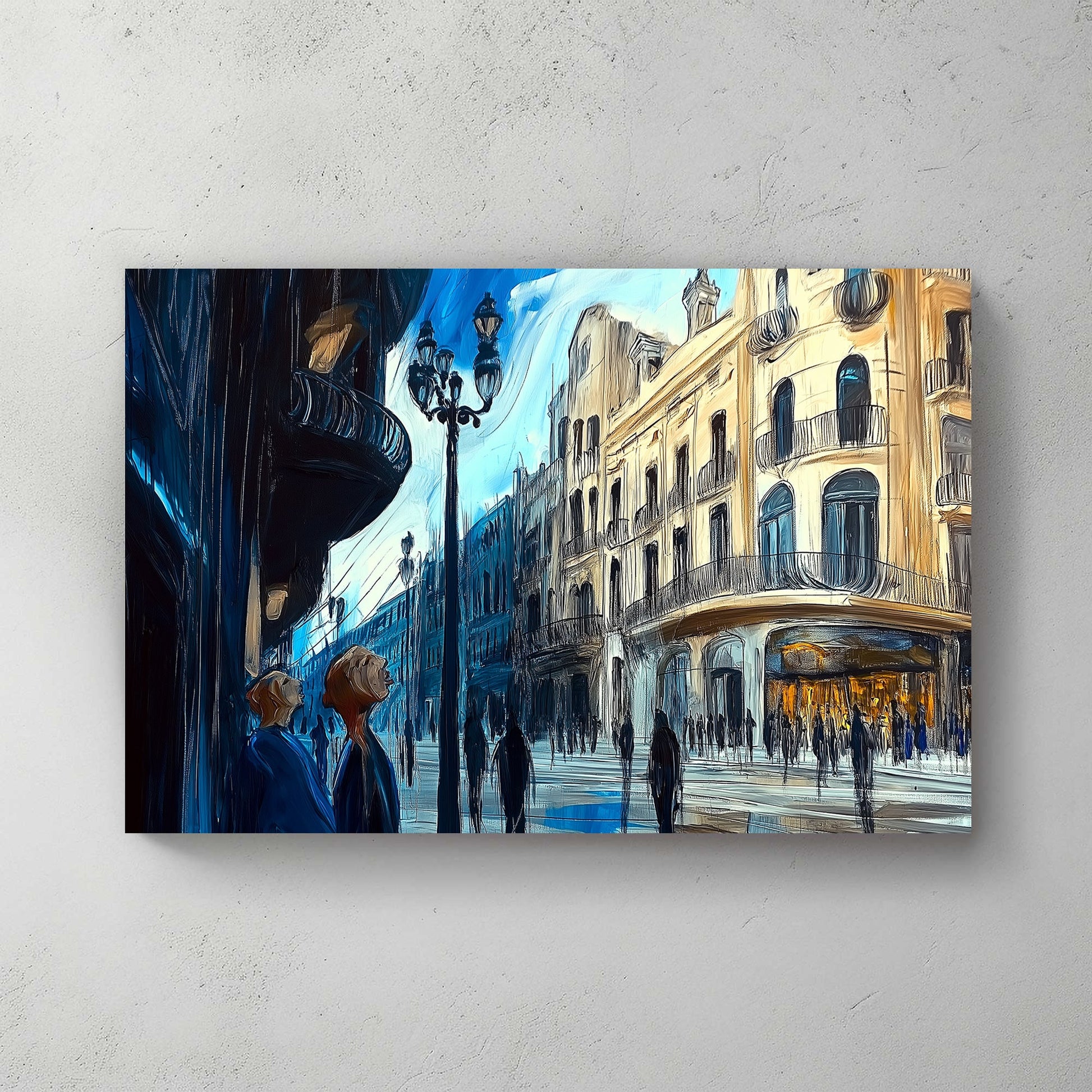 impressionist city street with glowing buildings and blue-toned figures wall art