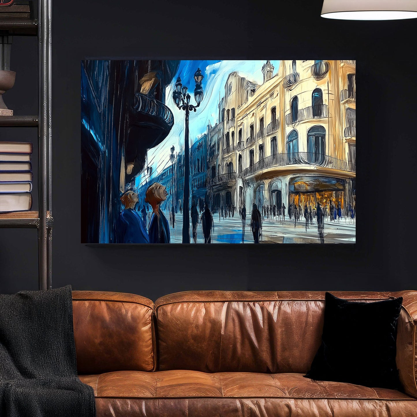 impressionist city street with glowing buildings and blue-toned figures wall art