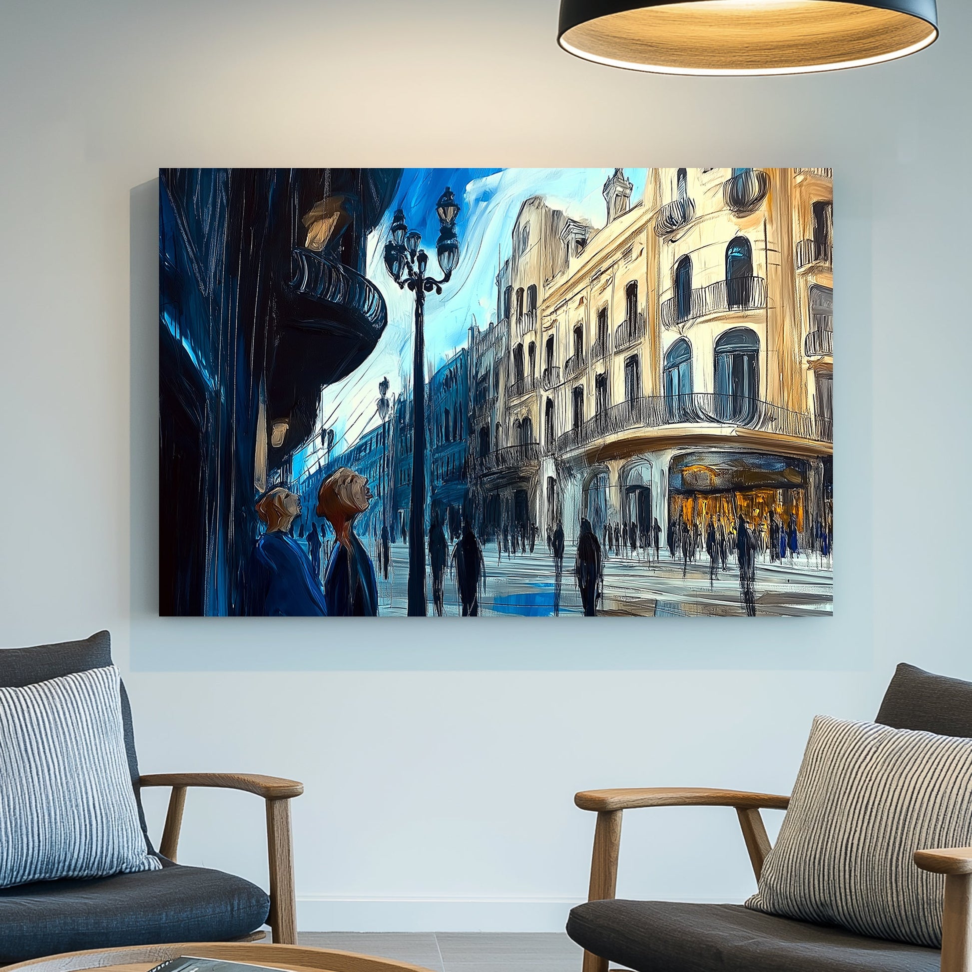impressionist city street with glowing buildings and blue-toned figures wall art