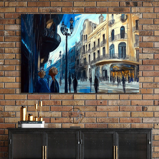impressionist city street with glowing buildings and blue-toned figures wall art