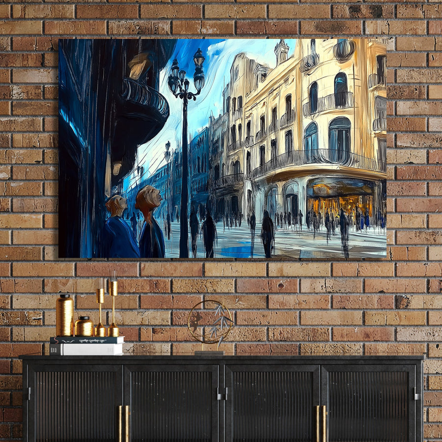 impressionist city street with glowing buildings and blue-toned figures wall art
