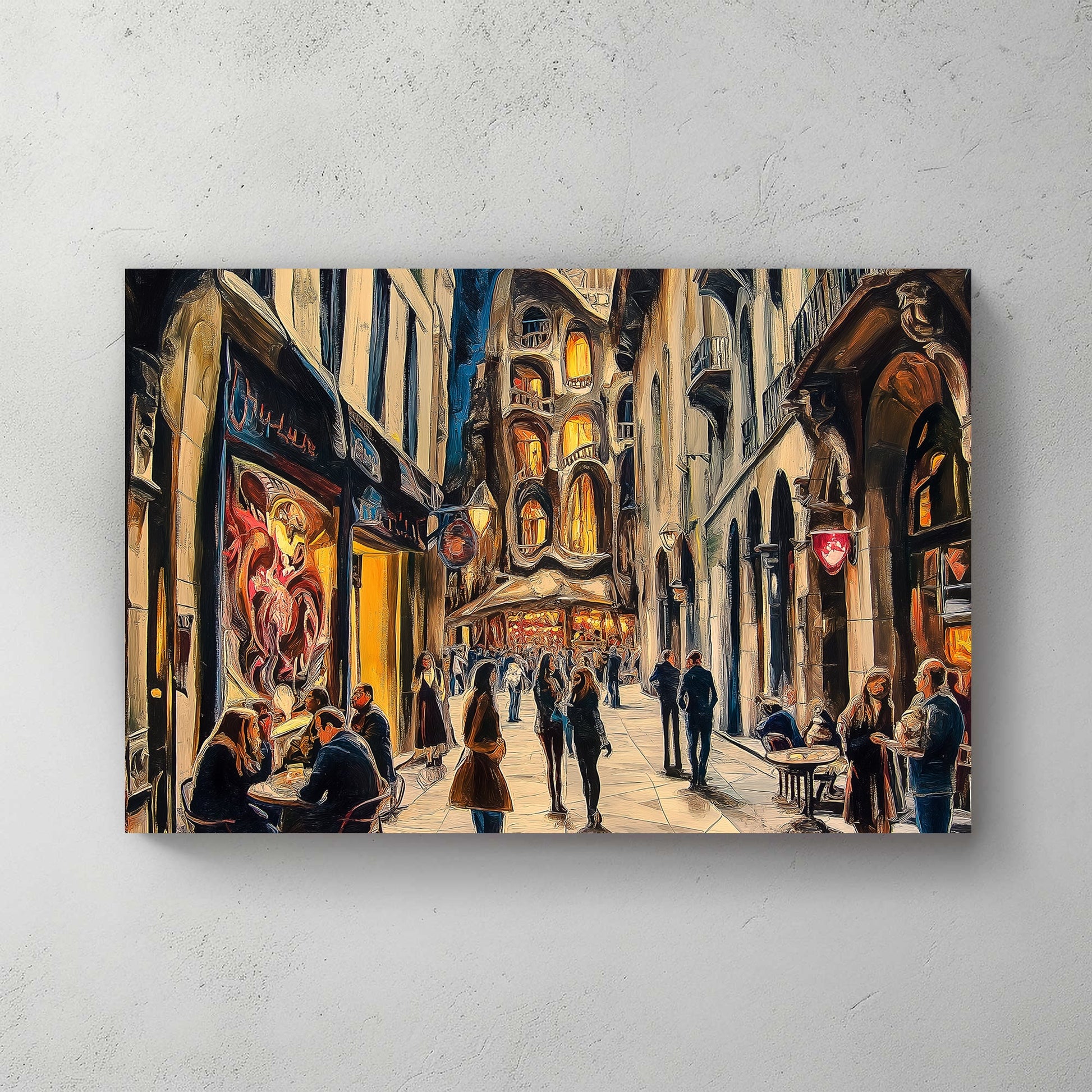 romantic city street scene with glowing cafés and surreal building at night wall art