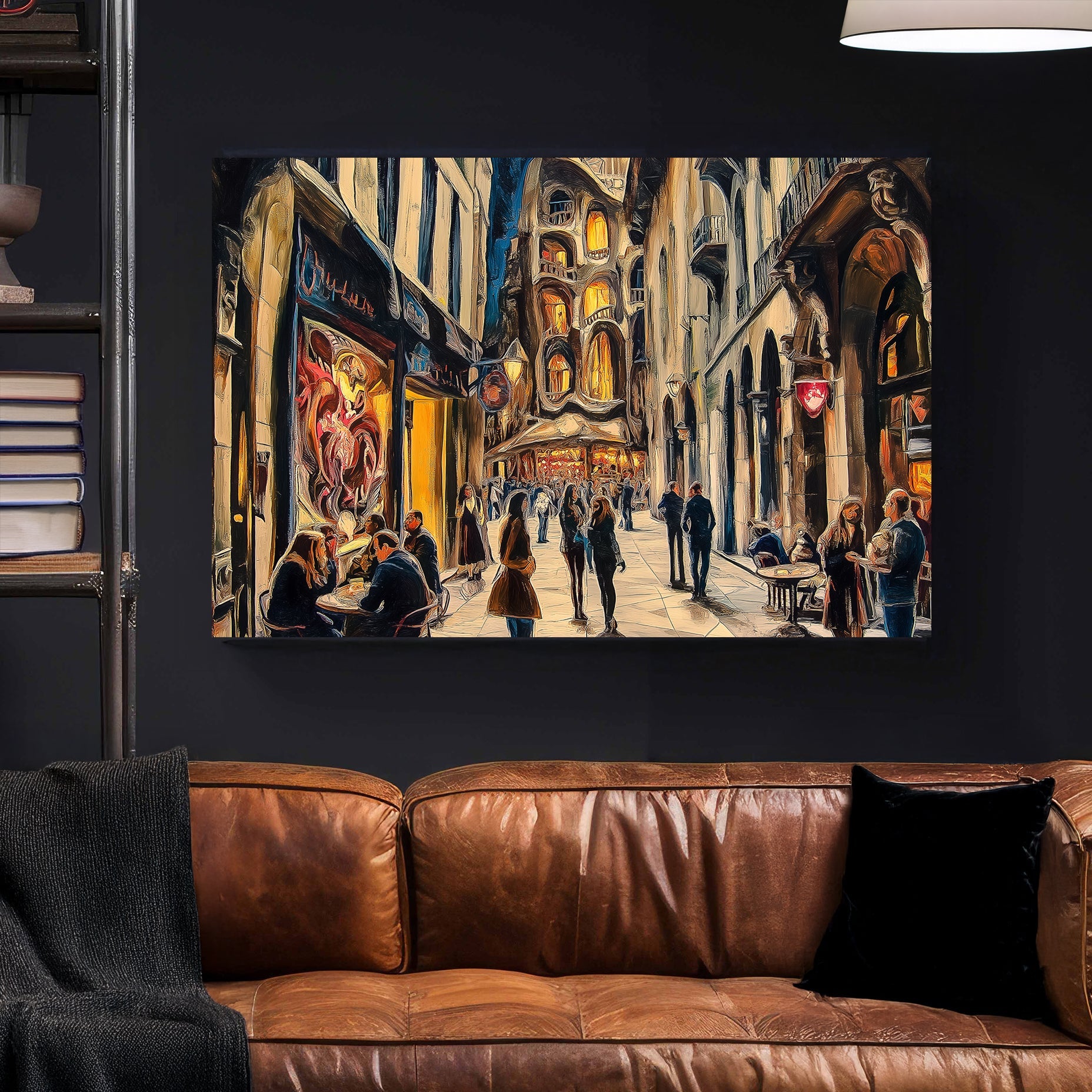 romantic city street scene with glowing cafés and surreal building at night wall art