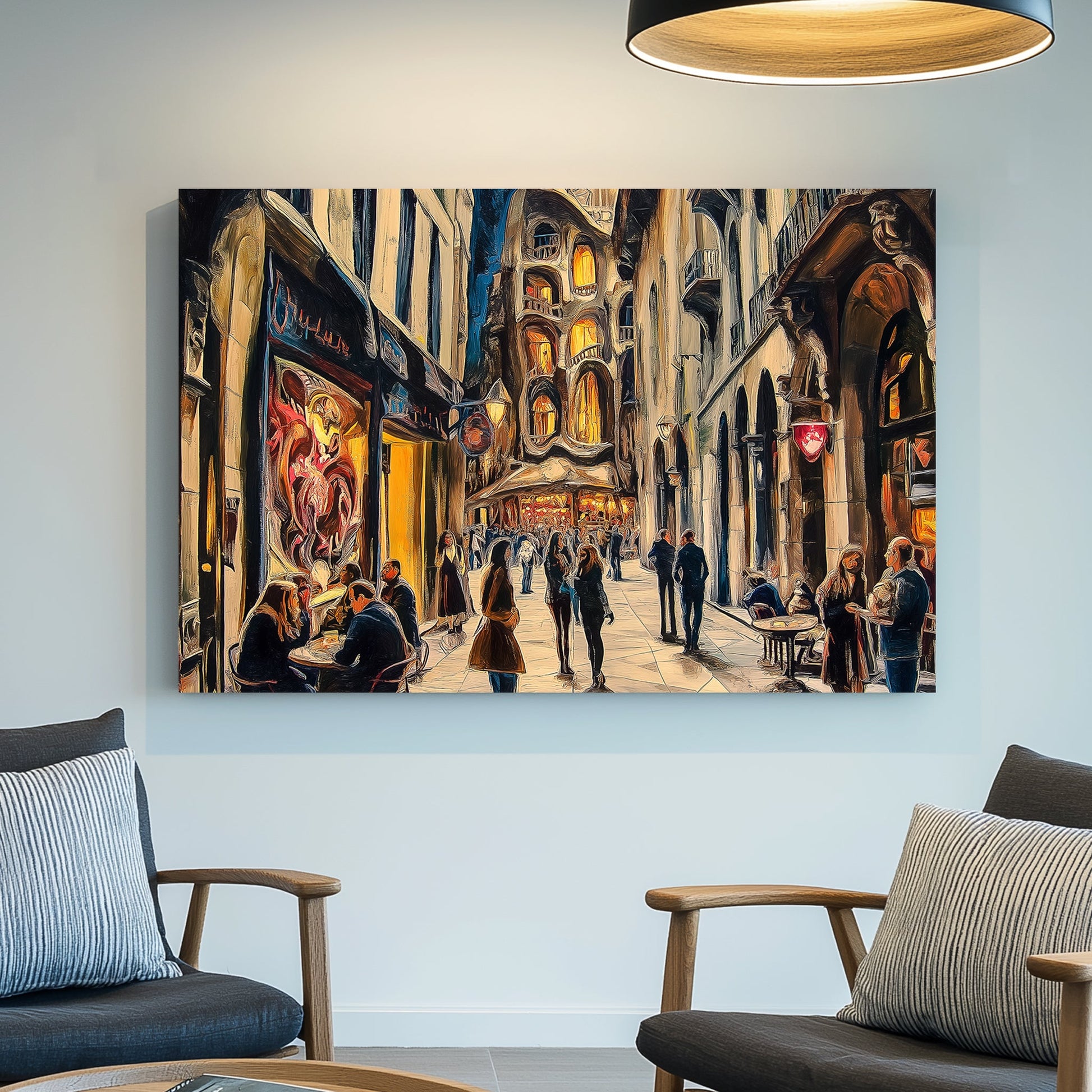 romantic city street scene with glowing cafés and surreal building at night wall art