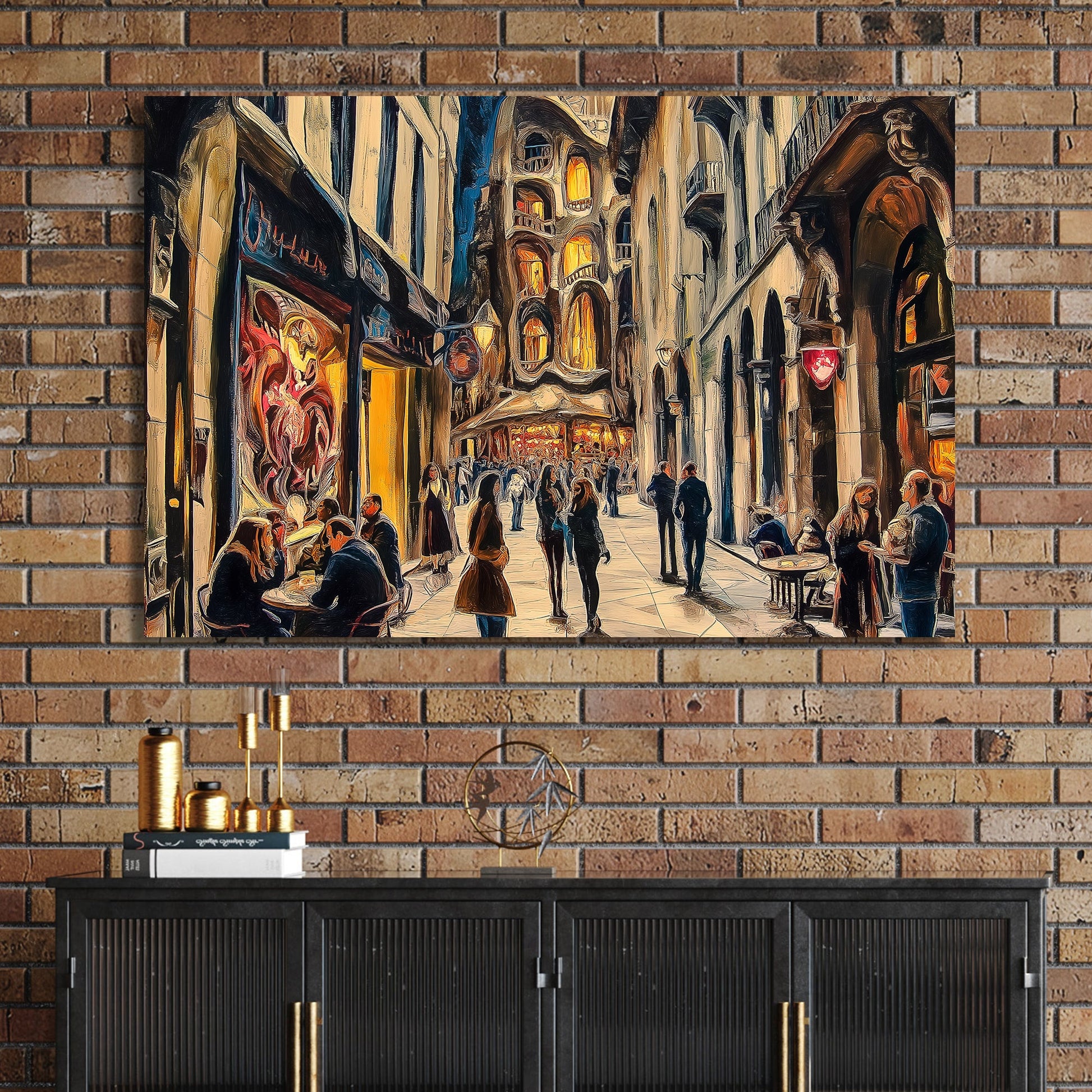 romantic city street scene with glowing cafés and surreal building at night wall art