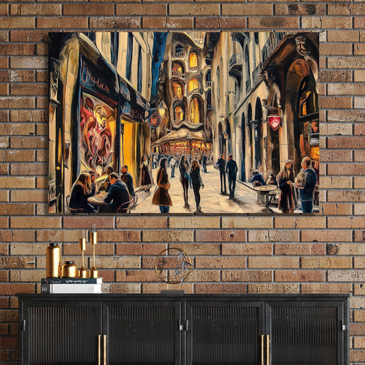 romantic city street scene with glowing cafés and surreal building at night wall art