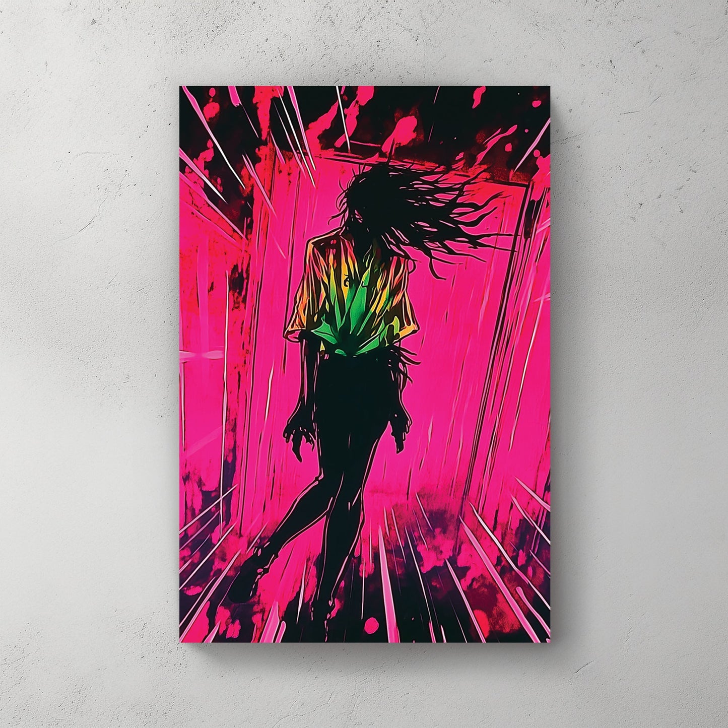 dark silhouette falling through vibrant neon pink tunnel wall art