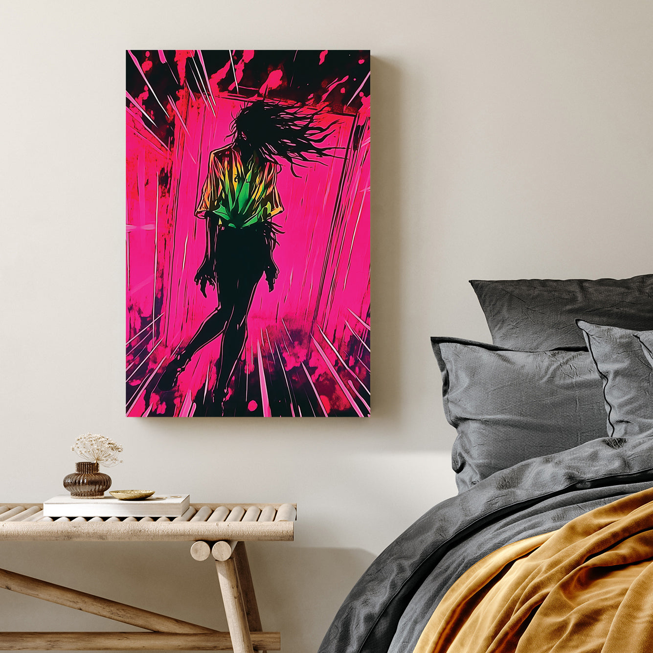 dark silhouette falling through vibrant neon pink tunnel wall art