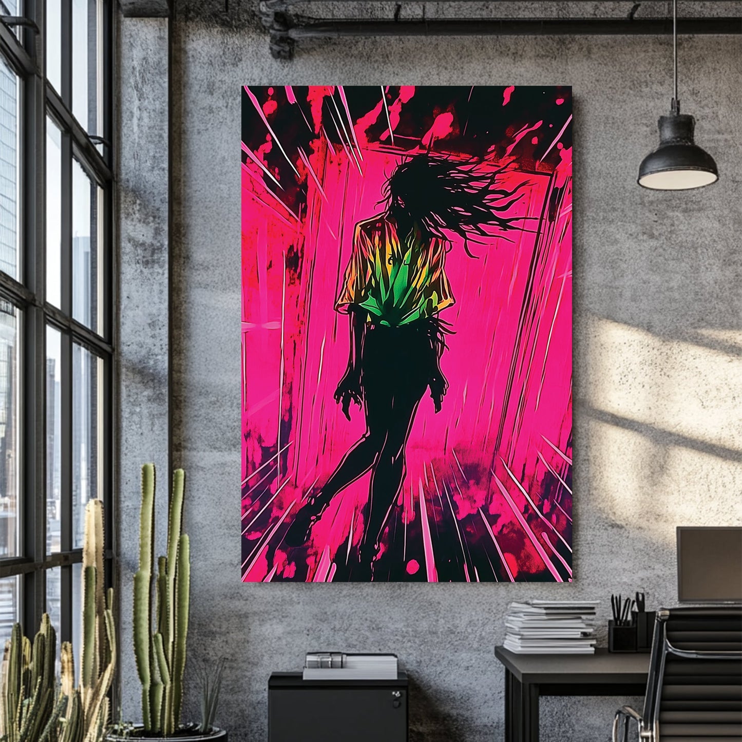dark silhouette falling through vibrant neon pink tunnel wall art