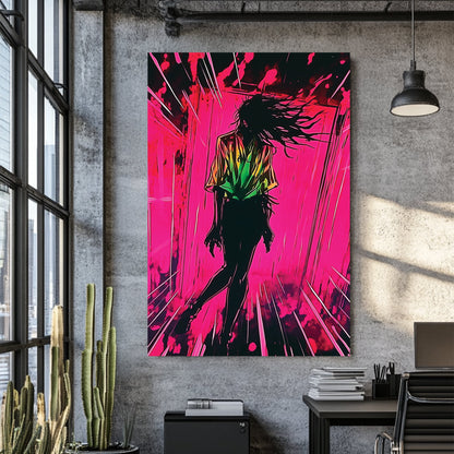 dark silhouette falling through vibrant neon pink tunnel wall art