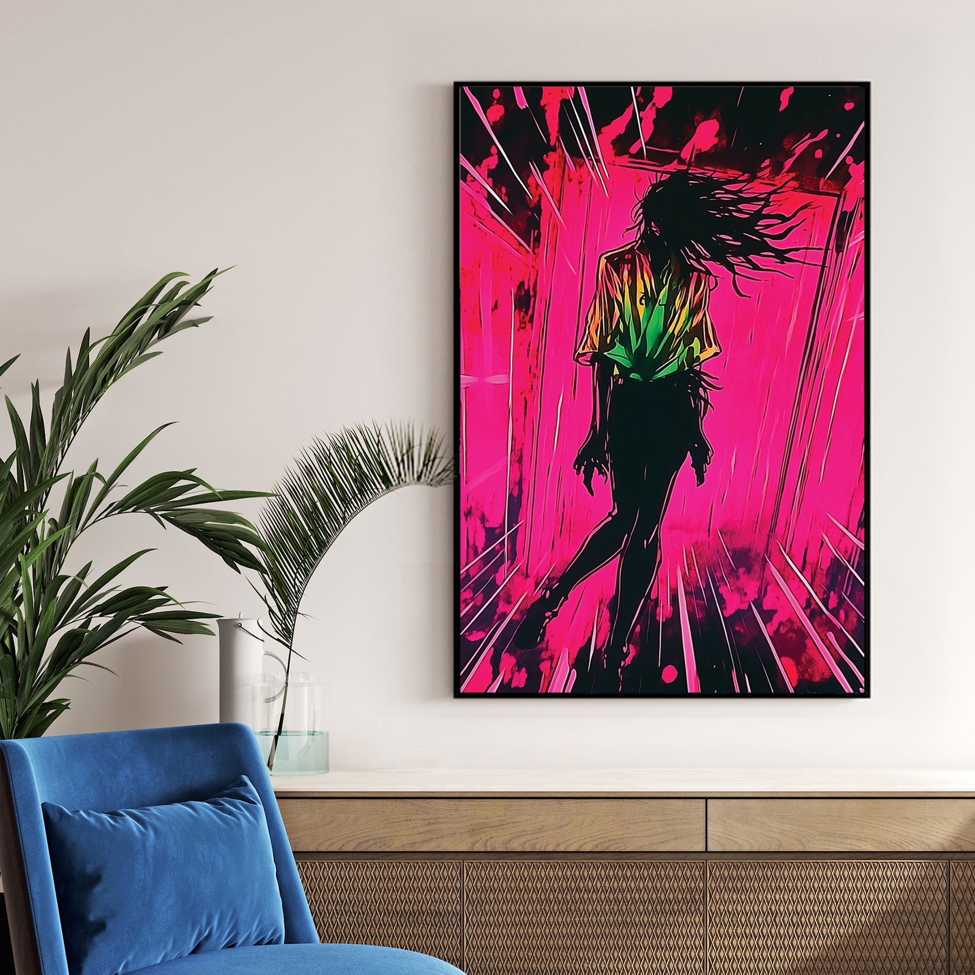 dark silhouette falling through vibrant neon pink tunnel wall art